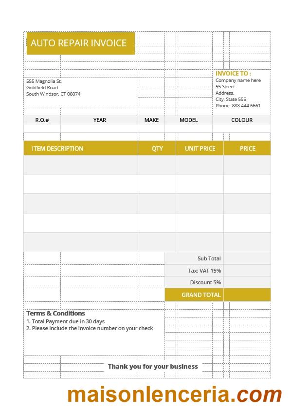 Przykładowy szablon faktury Auto Repair w formatach Word i PDF